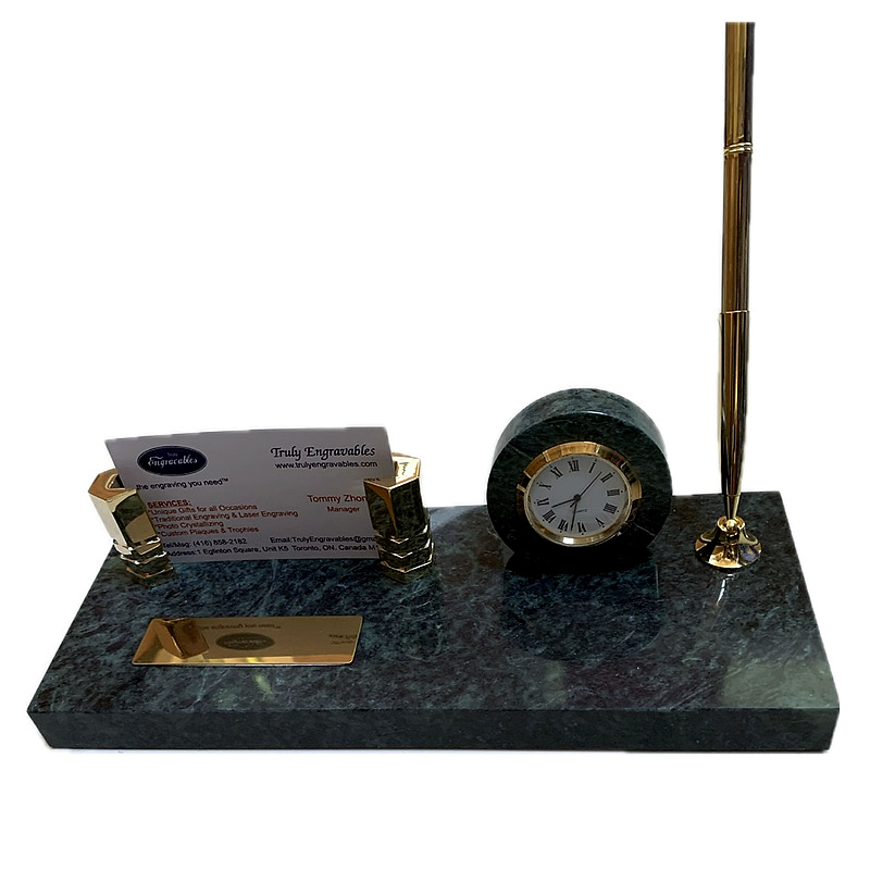 Marble Business Card Holder, Clock And Pen Set Executive Marble Business Card Holder, Clock And Pen Set