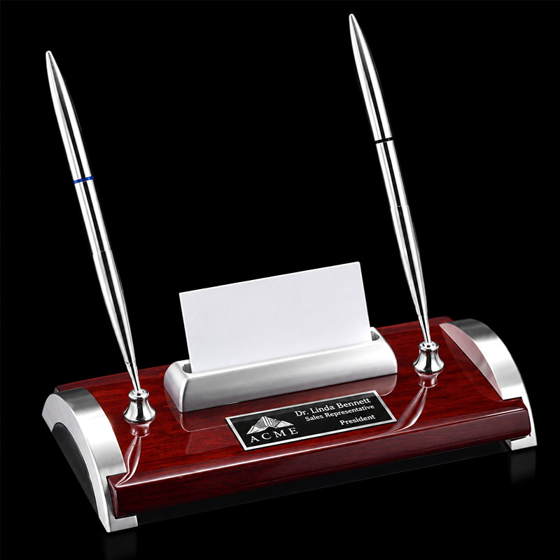 Executive Silver Business Card Holder and Two-Pen Desk Set