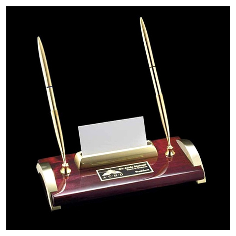 Executive Gold Business Card Holder and Two-Pen Desk Set