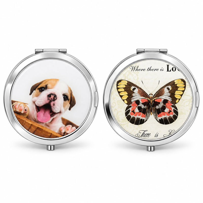 Cute Animal Metal Compact Mirrors Cute animal design metal compact mirrors with dog and butterfly artwork