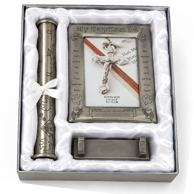 3-Piece Pewter Baptism Certificate Holder and Photo Frame Set