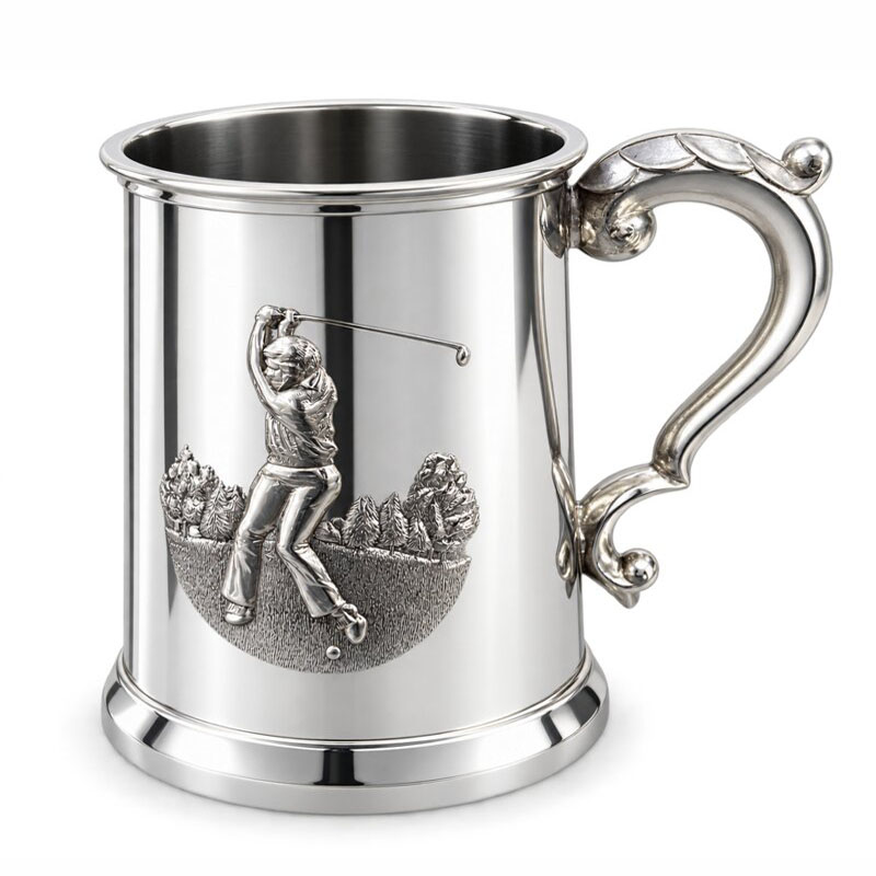16oz English Pewter Golfer Tankard With Glass Bottom