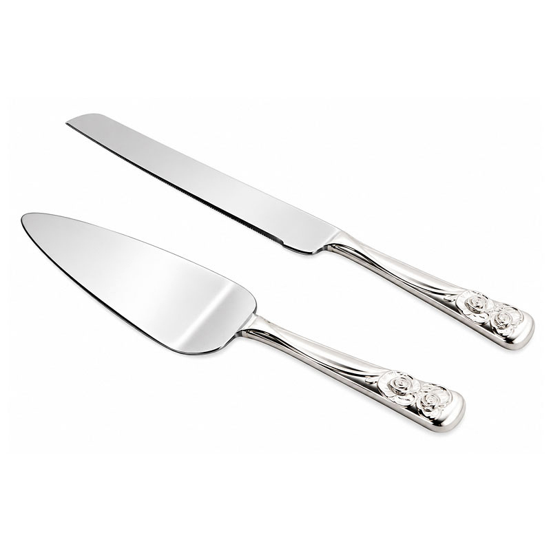 Wedding cake server and knife set with double-heart crystal design